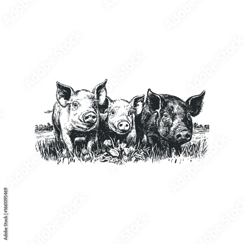 Three adorable pigs gathered in a grassy field under a bright sky