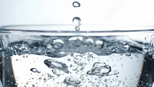 Close-up of a lemon drop falling into a clear glass, creating a splash and bubbles, symbolizing purity and freshness.