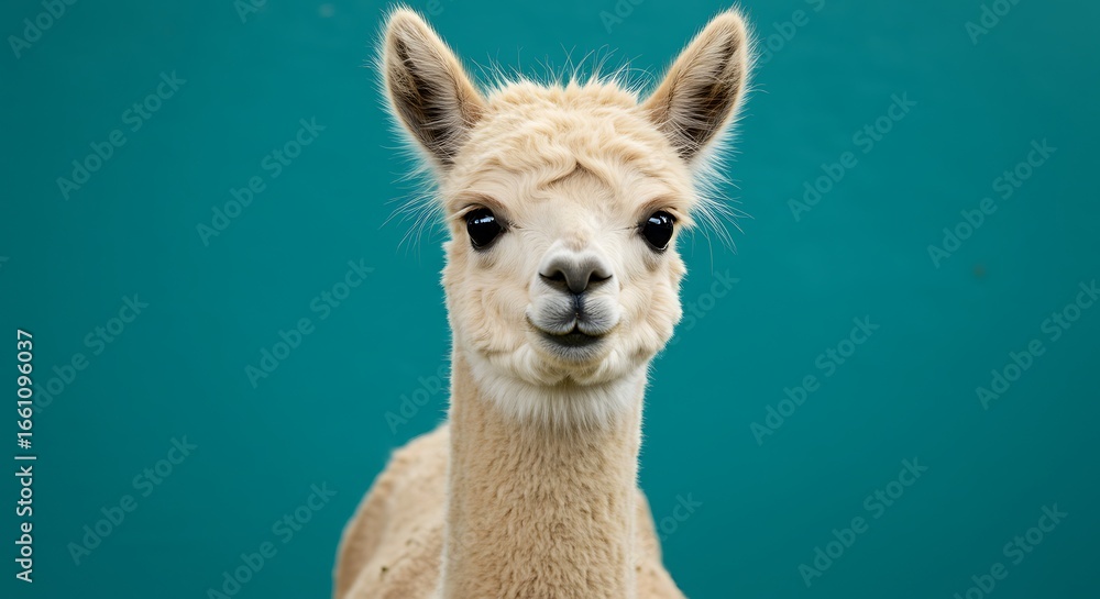 Obraz premium A cute and fluffy young alpaca portrait, looking curiously at the camera on a vibrant teal background.