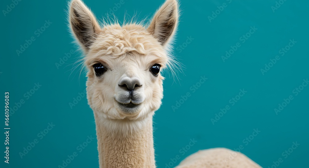 Obraz premium A cute and fluffy young alpaca portrait, looking curiously at the camera on a vibrant teal background.