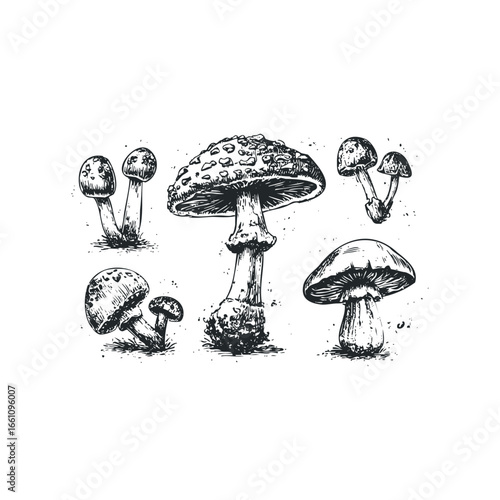 Group of Hand Drawn Mushrooms with Speckled Caps and Stems