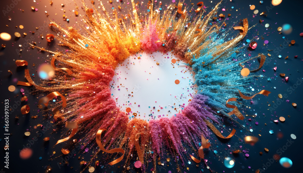 Fototapeta premium Vibrant Party Popper Explosion with Glitter, Ribbons & Sequins, High-End Celebration, Festive Confetti Burst, Dynamic Circular Formation, Premium Copyspace for Text & Branding