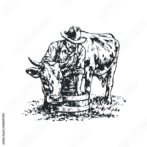 Cowboy tending to cattle at a wooden trough in rural landscape