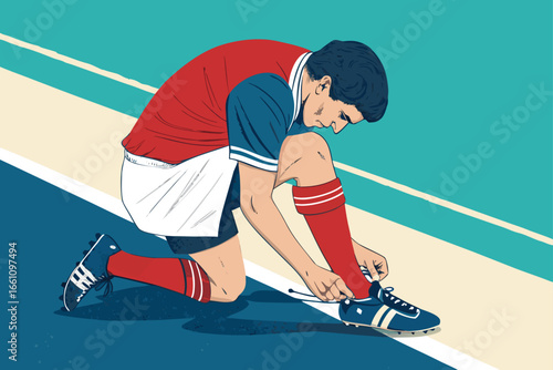 Close-up of determined athlete meticulously tying laces on soccer cleats, pre-game ritual.