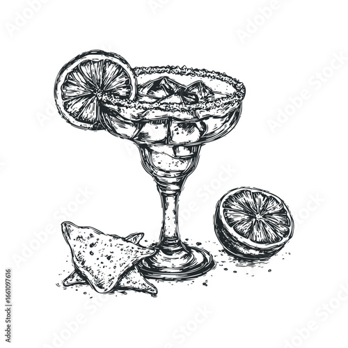 Hand-drawn sketch of a margarita cocktail with lime and salt rim
