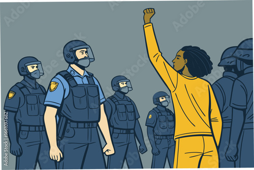 Police officers form a resolute line, facing an organized crowd of demonstrators, rendered in a flat, bold color palette, conveying civic confrontation and urban unrest.