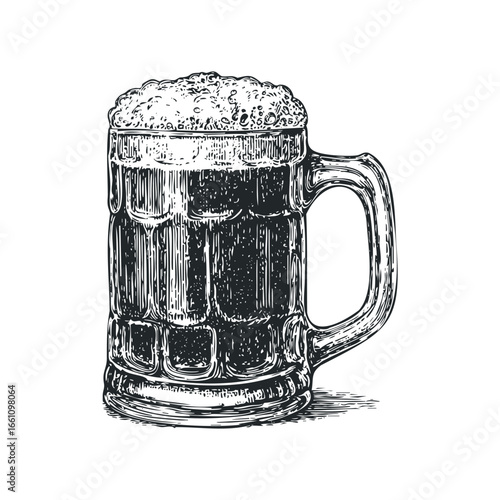 Engraving Style Mug Full of Frothy Beer on White Background