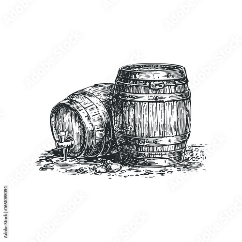 Vintage wooden barrel with spigot on textured ground