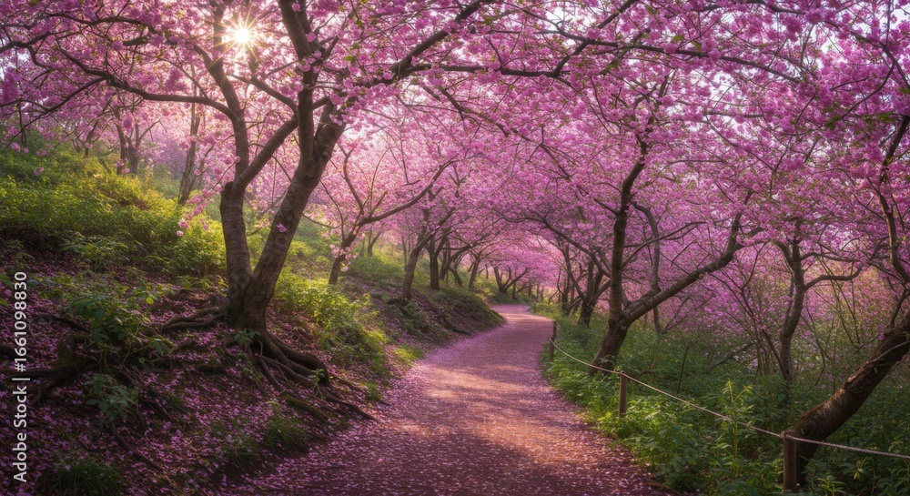Obraz premium Pink Blossom Pathway: Sunlit Path Through a Floral Garden