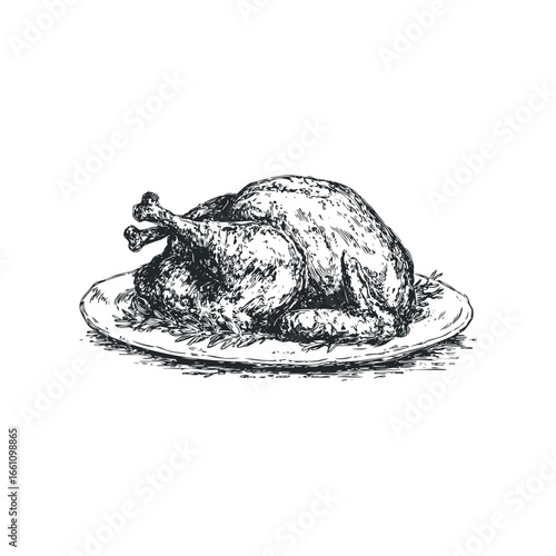 Hand-drawn sketch of a roasted chicken on a decorative platter garnished with herbs