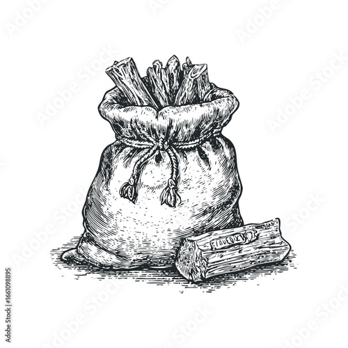 Hand-drawn sketch of a sack filled with harvested crops and a single stalk beside it