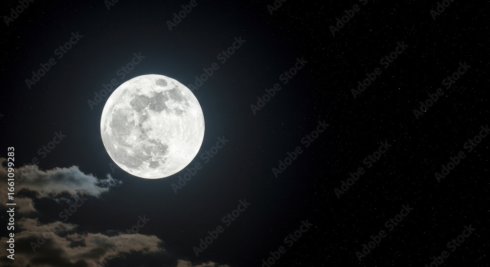 Fototapeta premium A full moon shines brightly in the dark night sky illuminating the stars and clouds