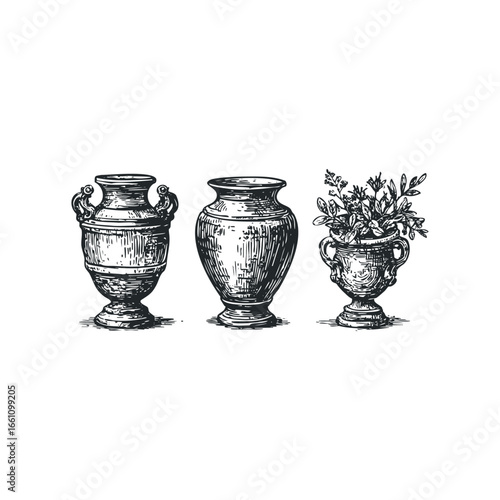 Vintage urns with botanical arrangement, sketch on white