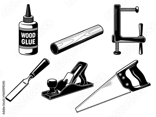 Black and White Woodworking Tools Illustration Featuring Wood Glue Planer Chisel Hand Saw and Clamp for Carpentry Projects and DIY Crafting