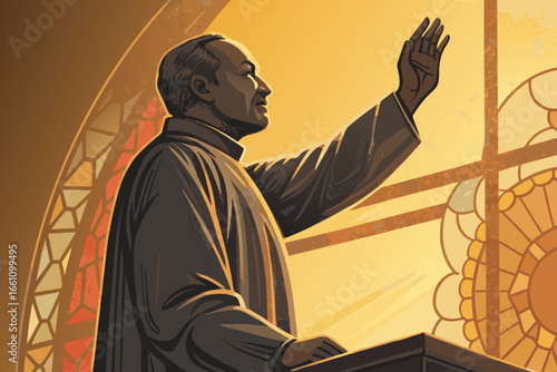 A devout priest bestows a solemn blessing with a raised hand, symbolizing faith and divine grace, amidst a sacred ritual.