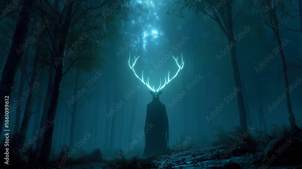 Fototapeta premium Mysterious wendigo figure in dark forest with glowing antlers.