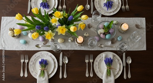 Elegant Easter Table Setting with Spring Flowers