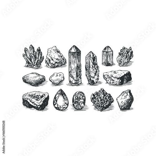 Collection of Hand-Drawn Gems and Rough Mineral Specimens