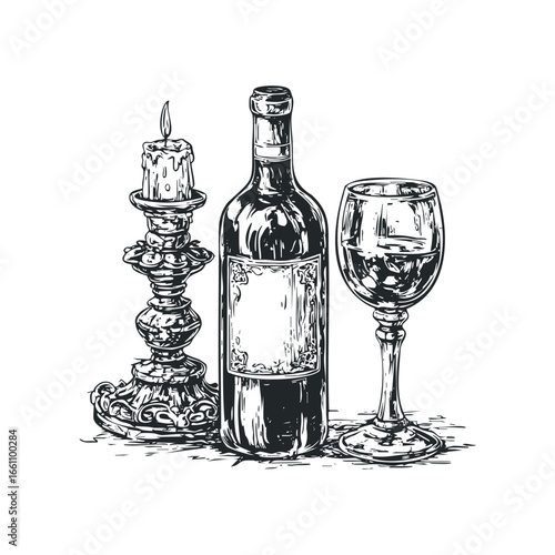 Ornate candle holder with a lit candle next to a wine bottle and glass
