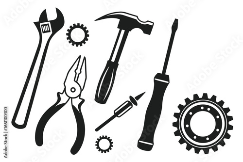 Set of vector tools including hammer screwdriver wrench pliers and saw