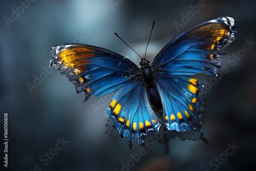 Stunning blue butterfly with vibrant orange markings unfolds its delicate wings in a captivating close-up