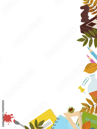 Autumn-themed vector illustration featuring school supplies such as notebooks, pencils, and paintbrushes, adorned with fall leaves and a chess piece on a white background.