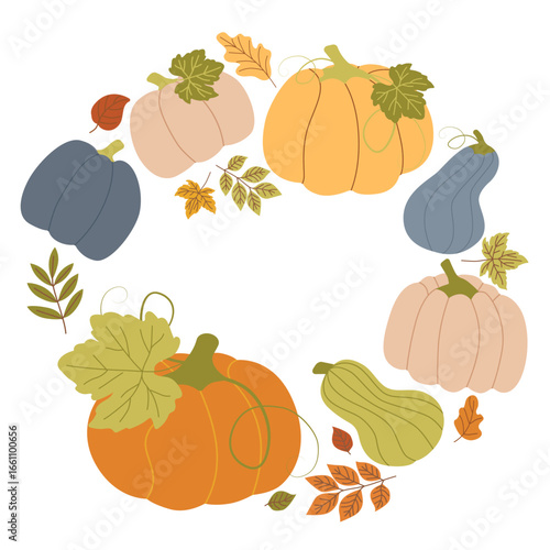 Vector illustration of colorful pumpkins and autumn leaves arranged in a circular pattern. Various pumpkin shapes and vibrant fall foliage create a festive seasonal design.