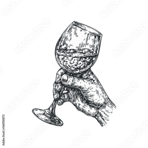 Hand holding a wine glass with liquid