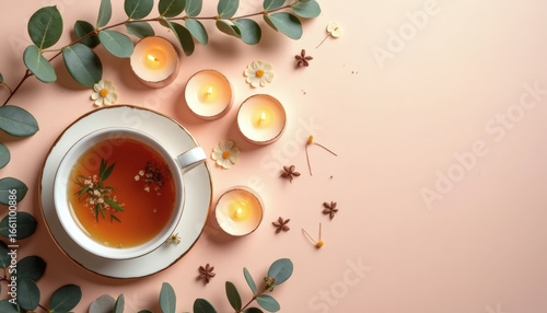 Luxury Spa Relaxation Overhead Shot Herbal Tea, Scented Candles & Fresh Eucalyptus Leaves on Pastel Background, Wellness, Self-Care, Aromatherapy, Calmness, Mindfulness