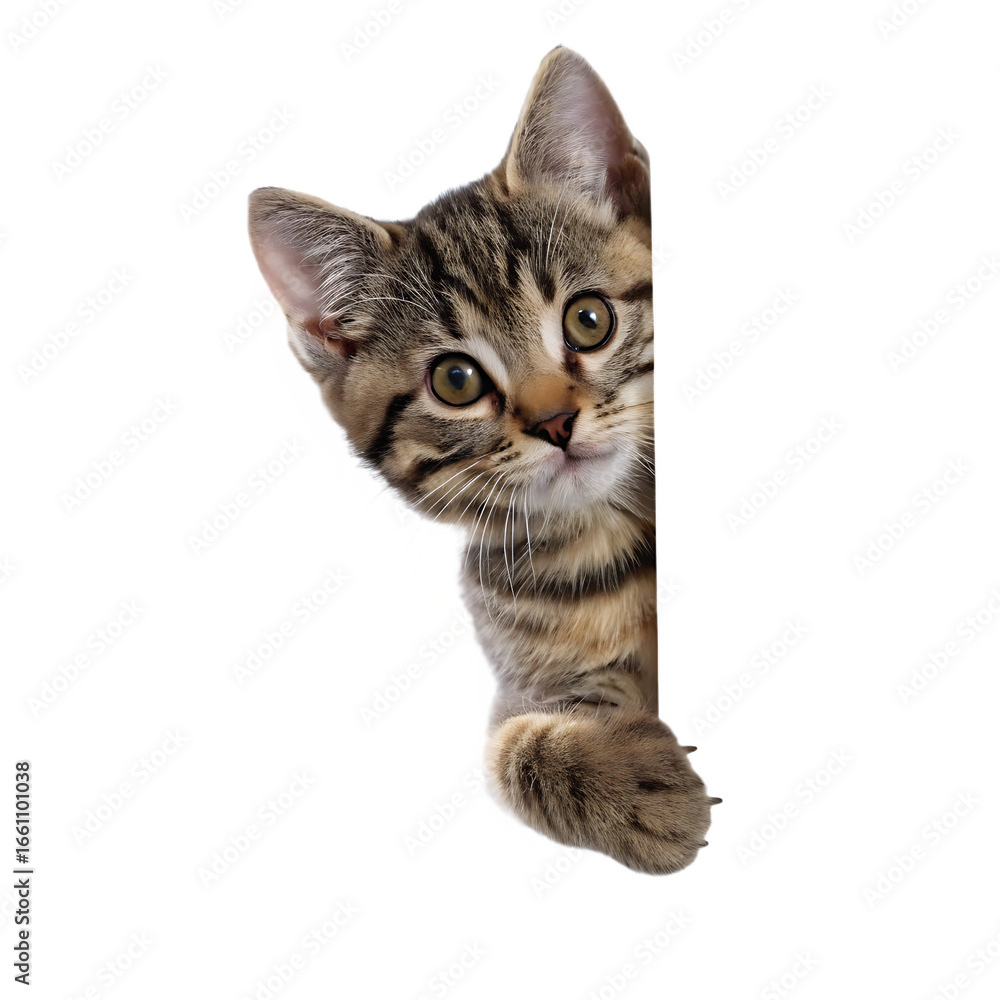 Obraz premium Tabby kitten peeking from behind isolated on a transparent background feline animal