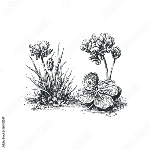 Detailed line drawing of clover and grass clump with scattered pebbles