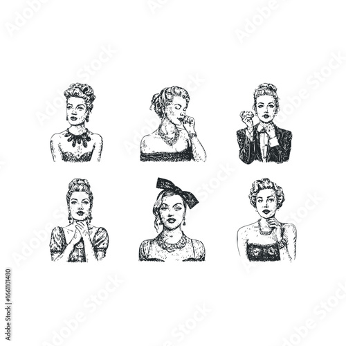 Collection of vintage sketched portraits of elegantly styled women