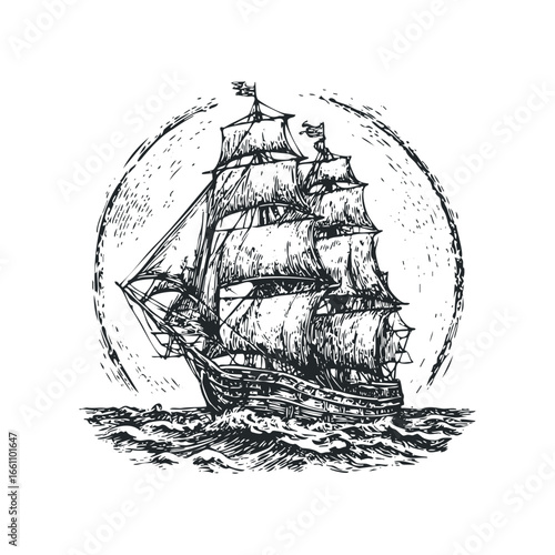 Vintage sailing ship with full sails navigating choppy seas