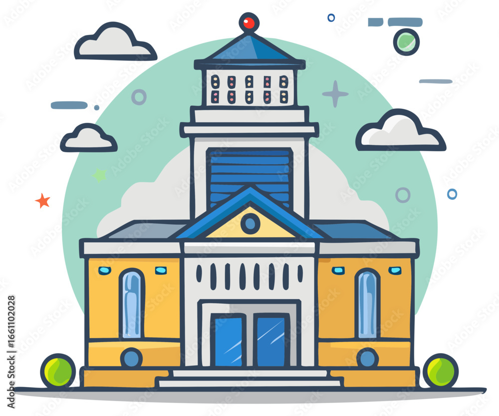 Obraz premium Cartoon Courthouse Building with a Clock Tower and Clouds