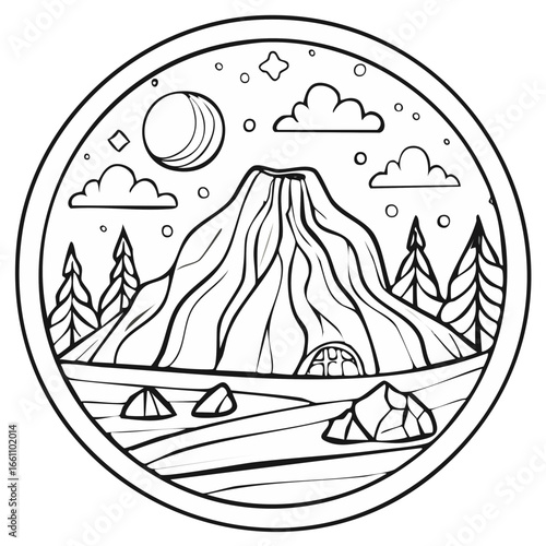 Line art drawing of a mountain scene with trees, camping tents, and a cozy cave house under the moon and stars