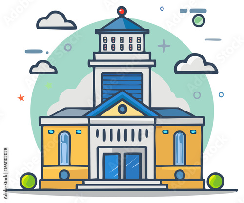 Cartoon Courthouse Building with a Clock Tower and Clouds