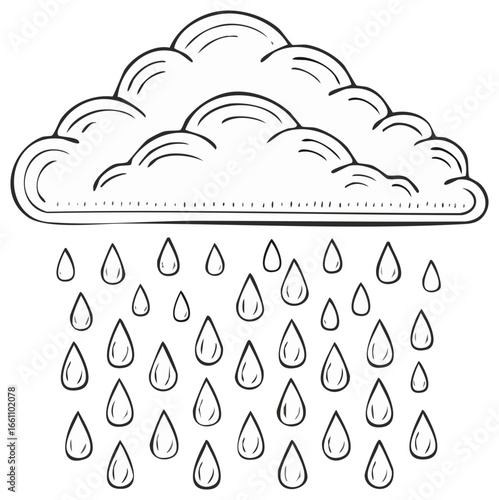Stylized cloud with rain drops, simple cartoon sketch of rainy weather pattern