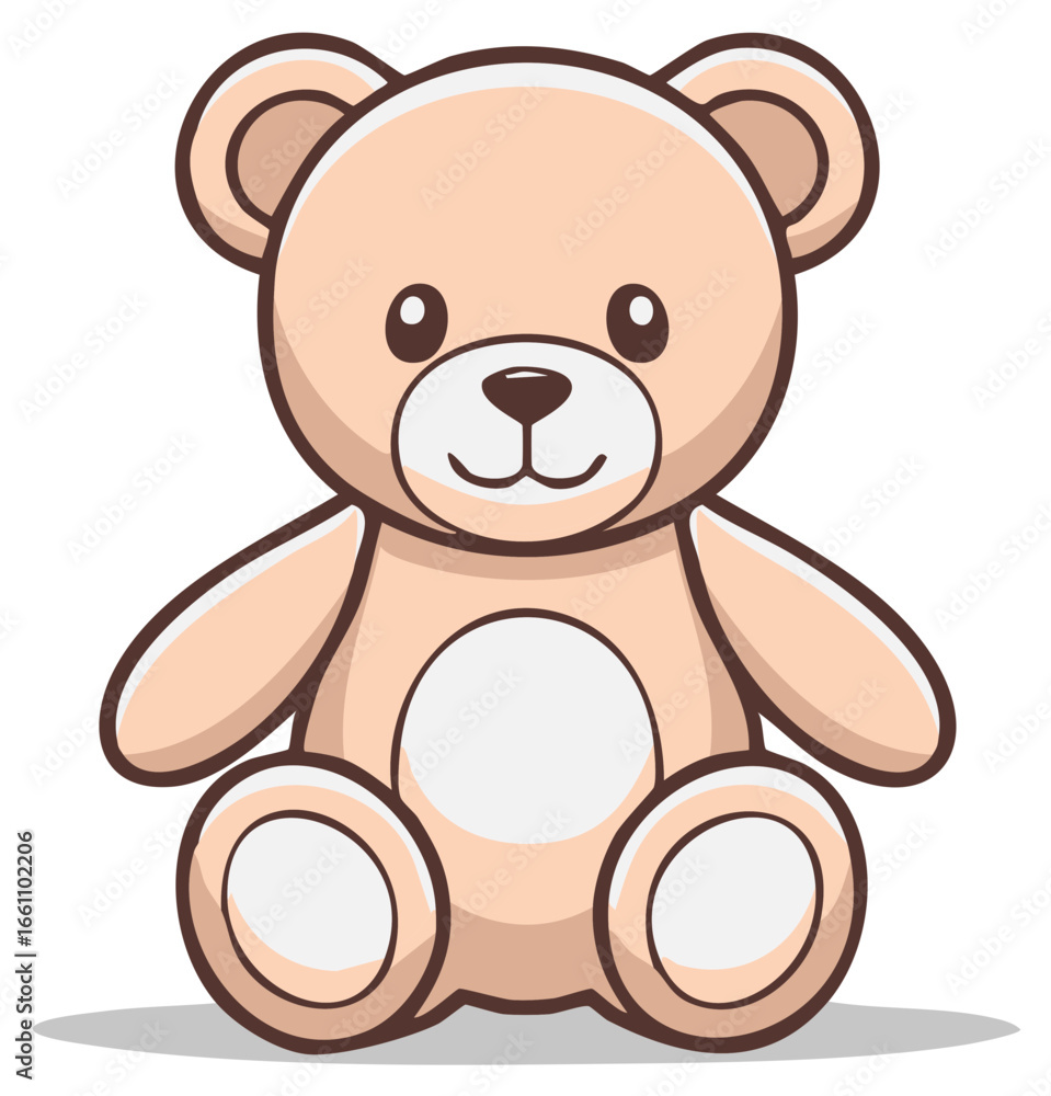 Fototapeta premium Cute Teddy Bear Plush Toy, Cartoon Style, Sitting and Isolated, Beige and White Colors