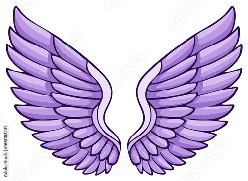 Stylized cartoon illustration of a pair of elegant purple angel wings with layered feathers
