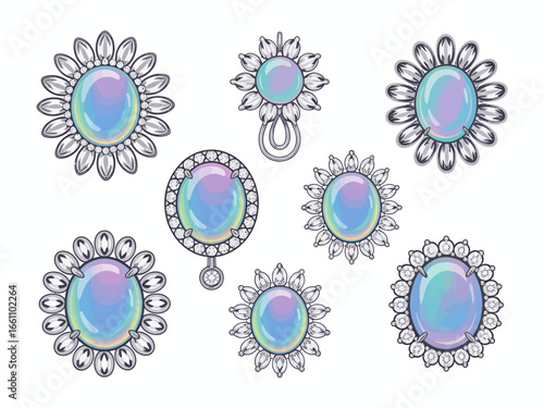Elegant Opal and Diamond Jewelry Design Illustration Set for Fashion Accessories and Luxury Goods Creative Showcase