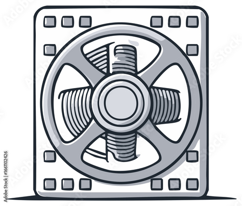 Graphic illustration of a square computer cooling fan component