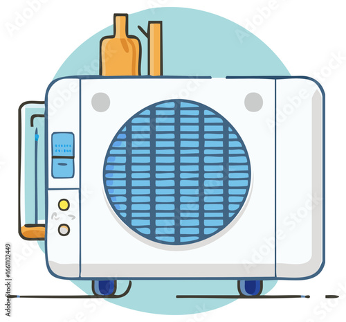 Modern Air Cooler with Large Grille and Control Panel on a Teal Background