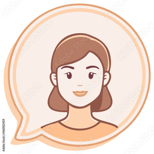 Stylized cartoon avatar of a smiling woman in a speech bubble, representing communication and conversation