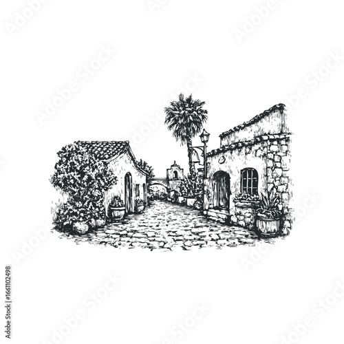 Sketch of a cobblestone street lined with buildings and palm tree