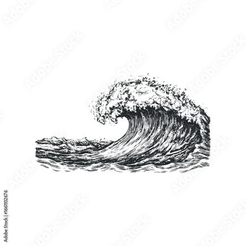 Detailed ink sketch of a powerful ocean wave with detailed water texture