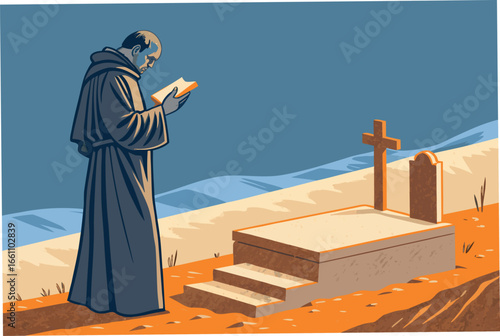 A solemn priest in vestments reads holy scripture at a peaceful, flat burial site, evoking reverence.