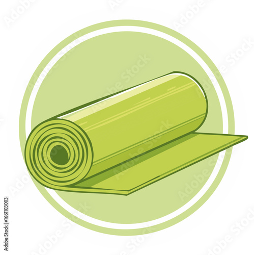 Illustration of a rolled green yoga mat in a circle with subtle background design