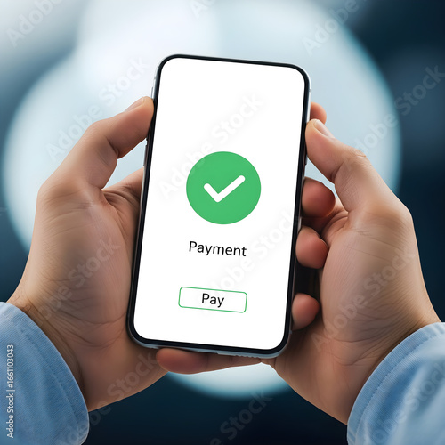 A person's hands holding a smartphone with a successful payment confirmation on the screen