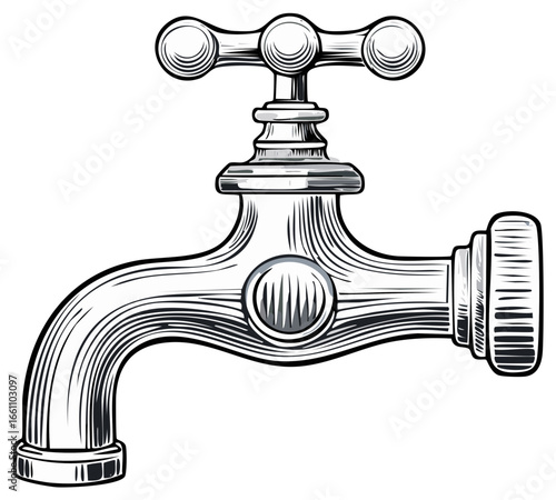 Antique faucet with a polished metal finish and a three-pronged handle