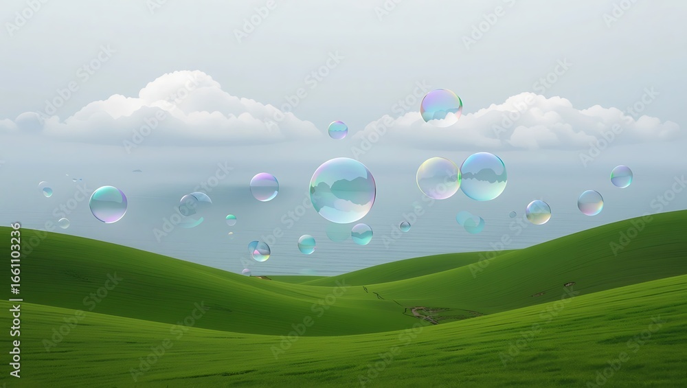 Bubbles floating in the sky above rolling green hills and clouds Bubbles floating in the sky above rolling green hills and clouds